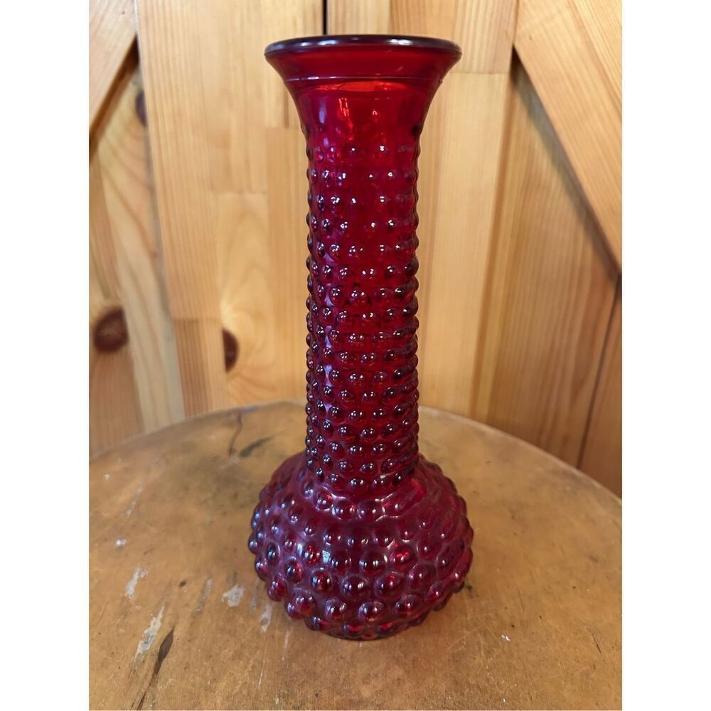 Vintage Lefton E.O. Brody Hobnail Ruby Red Flash Glass Bud Vase 7.5" Tall (8136)